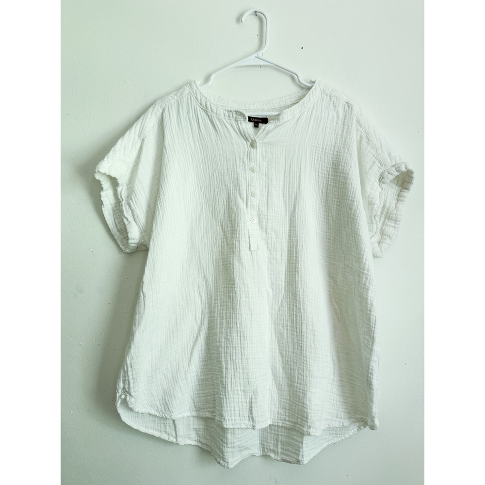 Quince Organic Cotton Gauze Roll Sleeve Shirt White XL LB28720 Henley Top